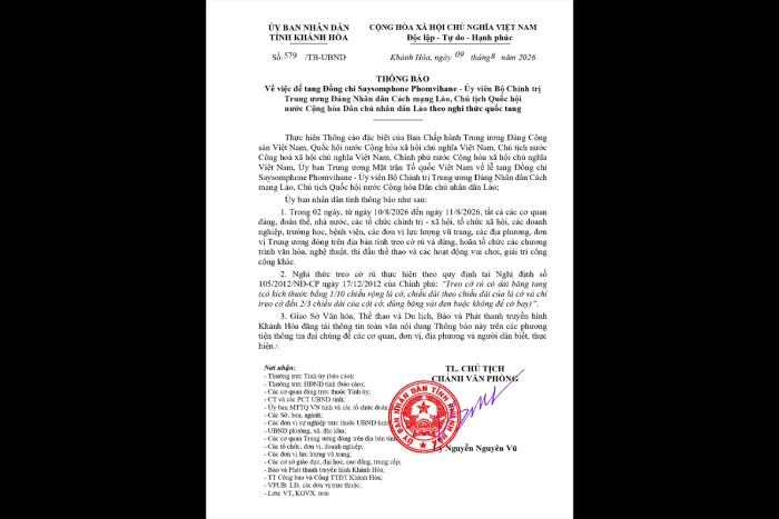 Thông báo của UBND tỉnh Khánh Hòa về việc để tang đồng chí Saysomphone Phomvihane