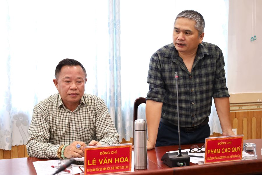 Ông Phạm Cao Quý - Trưởng phòng Quản lý di sản văn hóa phi vật thể, Cục Di sản văn hóa, Trưởng Đoàn khảo sát phát biểu tại buổi làm việc.