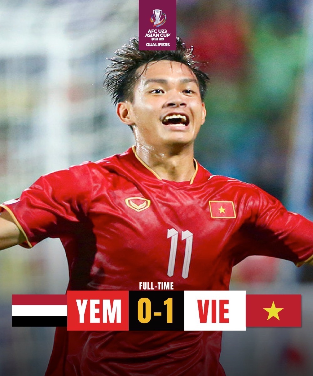 Vĩ Hào ghi bàn thắng duy nhất trong trận thắng U23 Yemen giúp U23 Việt Nam giành vé vào vòng chung kết U23 châu Á 2024. (nguồn: afcasiancup)