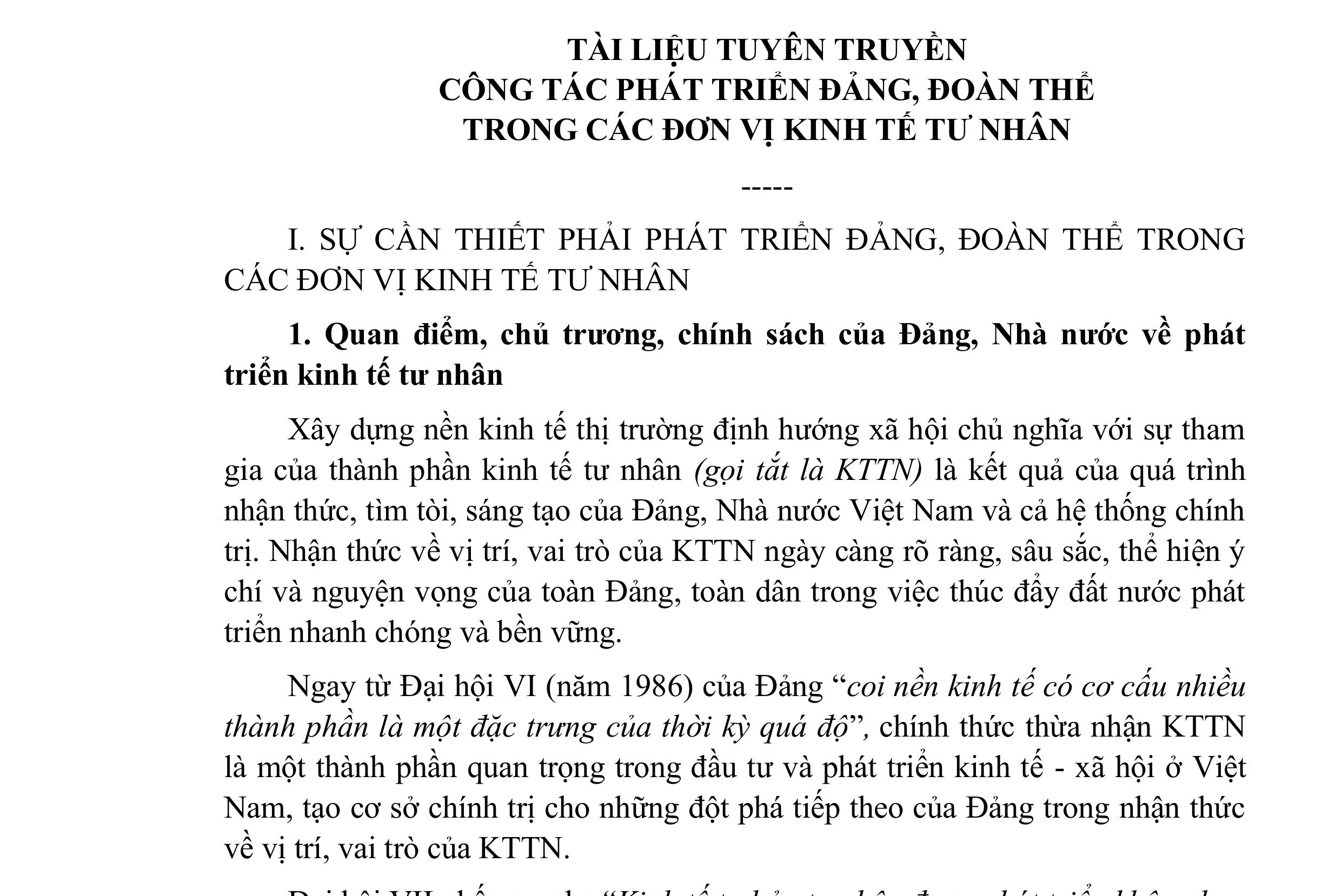Tài liệu tuyên truyền Công tác phát triển Đảng, đoàn thể trong các đơn vị kinh tế tư nhân