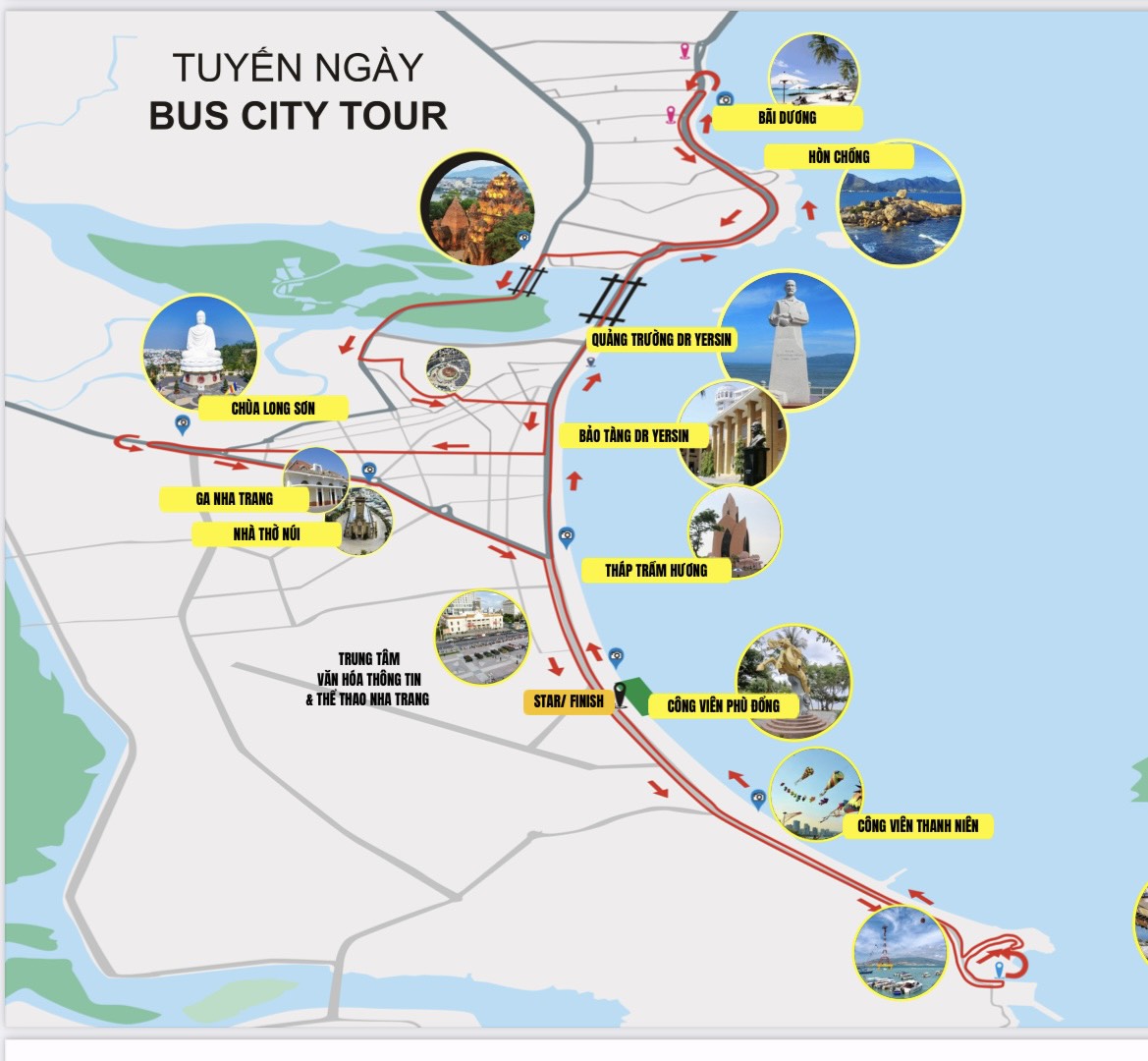 Route and stops of Nha Trang City Tour bus route.