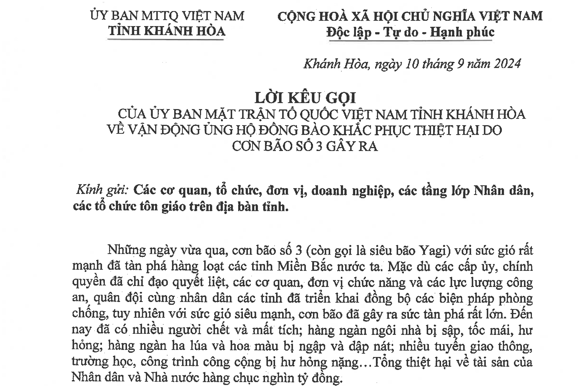 UBMTTQ Việt Nam tỉnh Khánh Hòa kêu gọi ủng hộ đồng bào các tỉnh miền Bắc bị thiệt hại do bão số 3