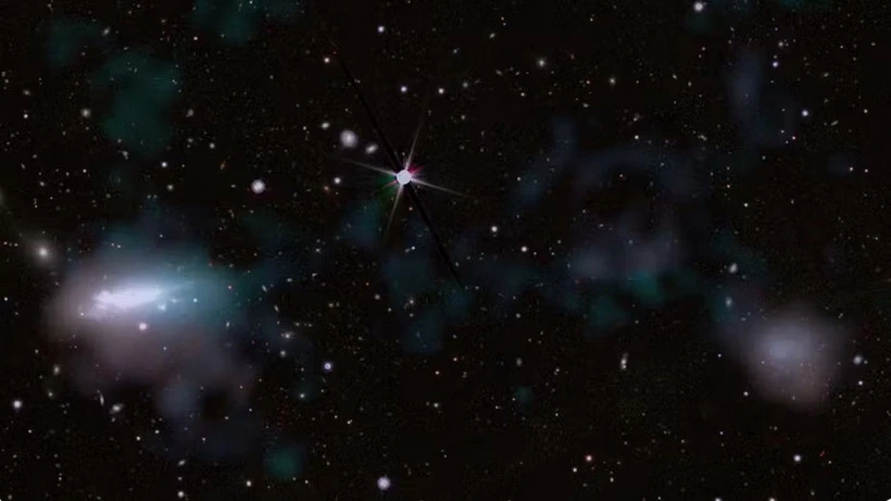 
Hình ảnh tổng hợp cho thấy một cầu nối khí khuếch tán nối liền hai thiên hà lùn. (Nguồn: Viện Perimeter)