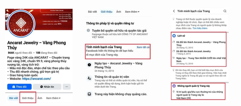 Người dùng click vào “Giới thiệu” , cuộn xuống tìm và click vào “Tính minh bạch của Trang”
