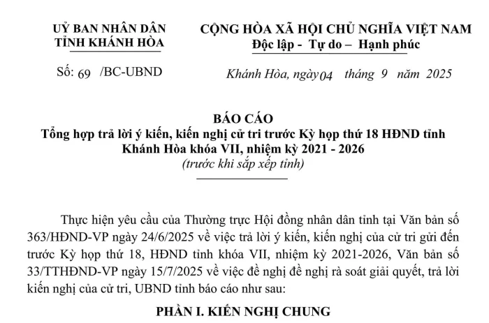 Báo cáo tổng hợp trả lời ý kiến cử tri trước Kỳ họp thứ 18 HĐND tỉnh Khánh Hòa khóa VII, nhiệm kỳ 2021 - 2026 (trước khi sắp xếp tỉnh)