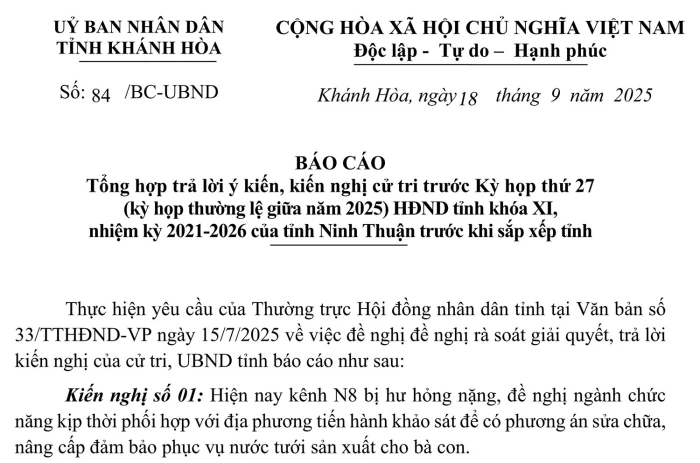 Báo cáo tổng hợp trả lời ý kiến, kiến nghị cử tri trước Kỳ họp thứ 27 HĐND tỉnh khóa XI, nhiệm kỳ 2021 - 2026 của tỉnh Ninh Thuận trước khi sắp xếp tỉnh
