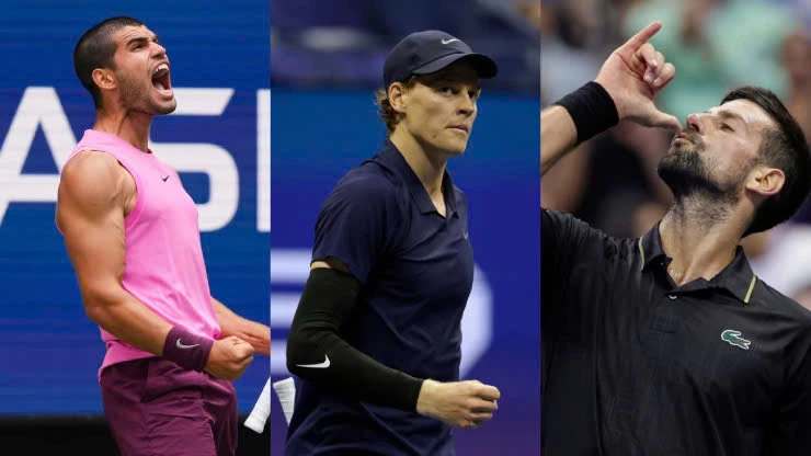 Sinner (người đứng giữa) phải nhường ngôi số 1 cho Alcaraz (bên trái), Djokovic (bên phải) trở lại top 4.