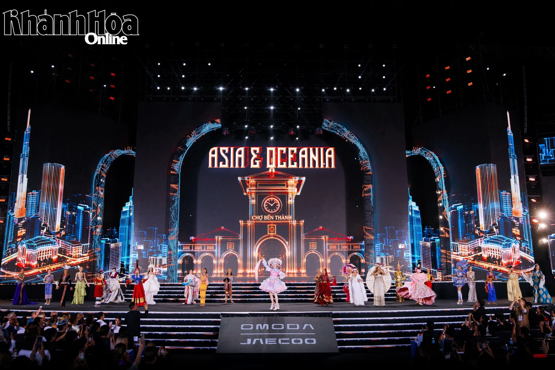 The image of Ben Thanh Market serves as the backdrop for the performance of contestants from Asia & Oceania

