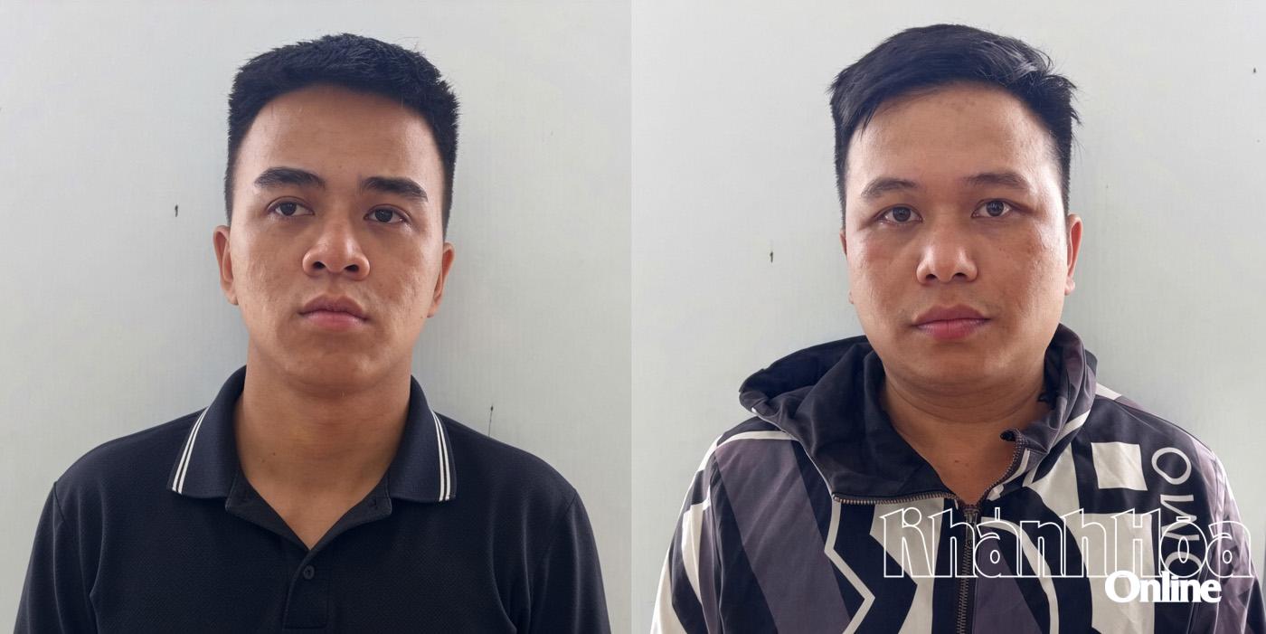 Các đối tượng (từ trái sang): Đỗ Ngọc Huy và Ngô Đức Thuận tại cơ quan công an.
