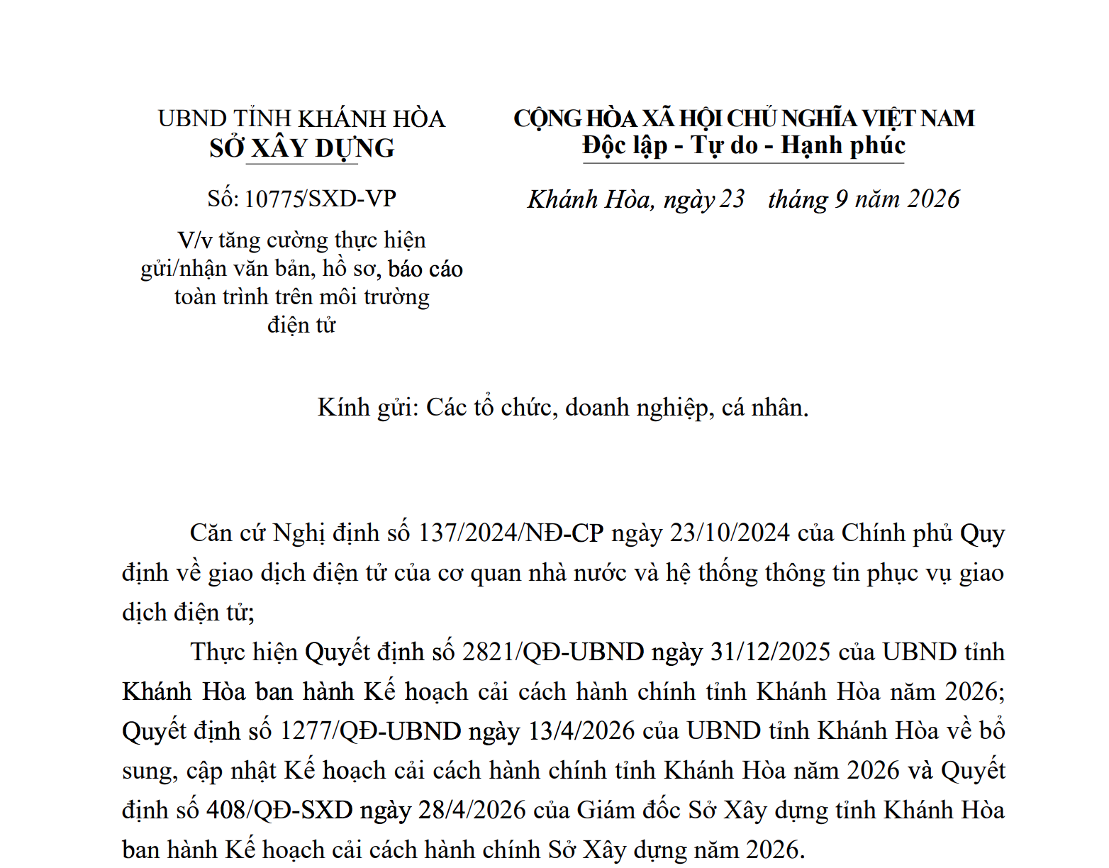 Văn  bản  của  Sở  Xây  dựng  gửi  các  tổ  chức, cá  nhân
