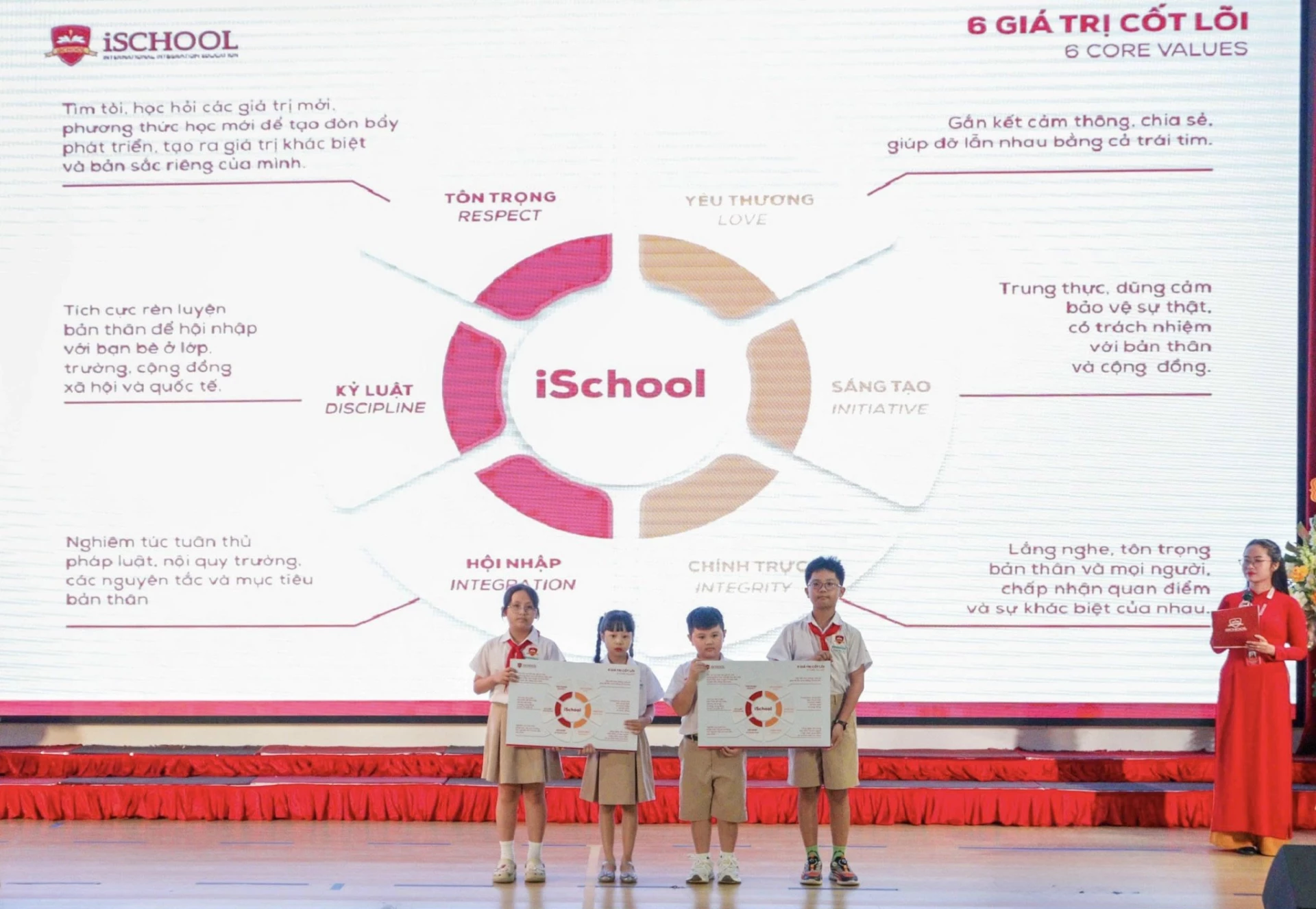 Đại diện học sinh các khối lớp tiểu học nhận biểu trưng 6 giá trị cốt lõi từ nhà trường.
