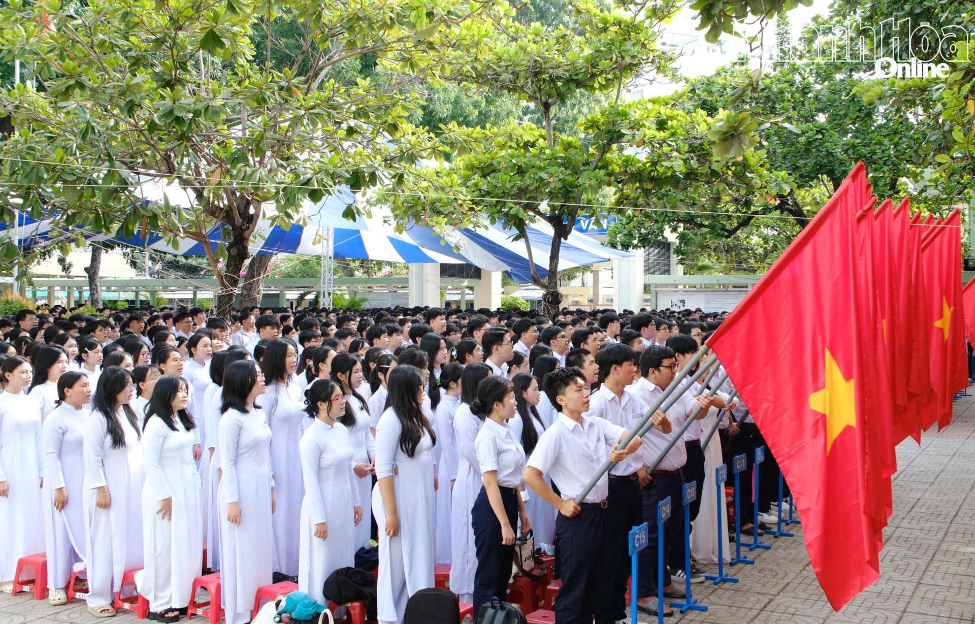 Các học sinh thực hiện nghi thức chào cờ. 
