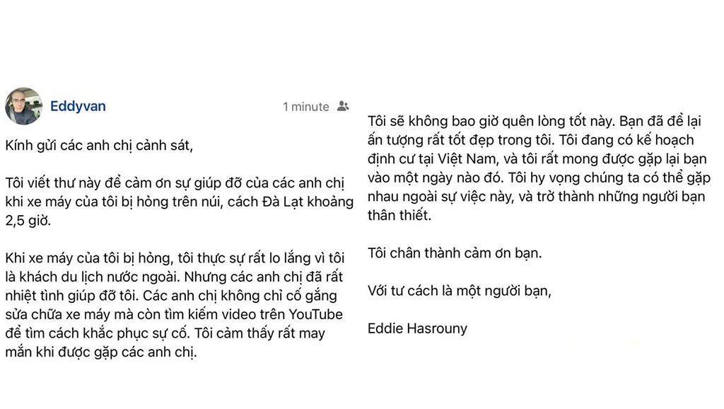 Ông HasRouny Eddie nhắn tin cảm ơn Cảnh sát giao thông Khánh Hòa.