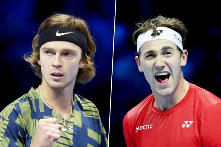 Rublev (áo xanh) và Ruud (áo đỏ) có cơ hội lớn để vượt Nole, chiếm suất dự ATP Finals 2024