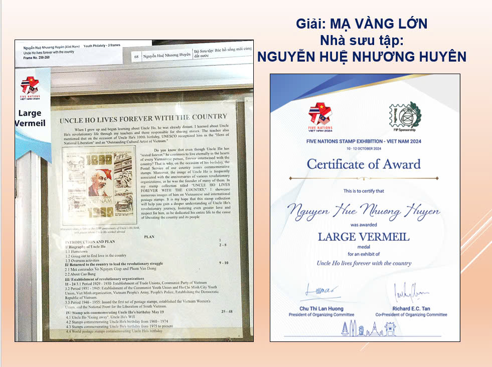 10th grade pupil Nguyen Hue Nhuong Huyen wins Large Vermeil medal for her stamp collection about Uncle Ho

