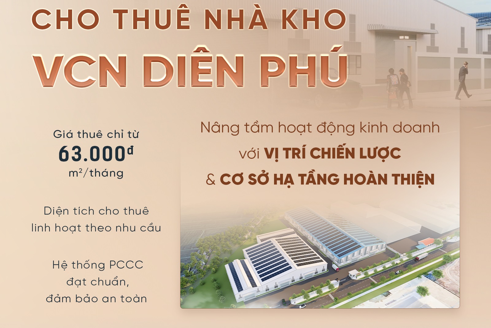 Cho thuê nhà kho VCN Diên Phú - chỉ từ 63.000 đồng/m2/tháng