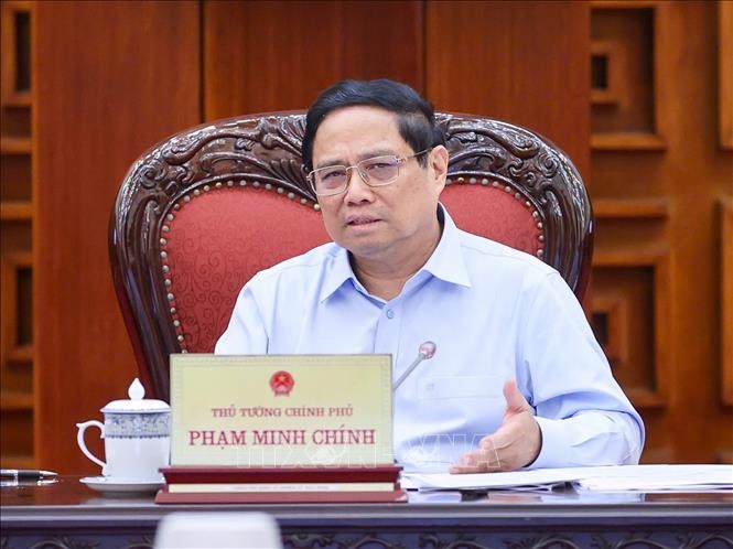 Thủ tướng Phạm Minh Chính chủ trì cuộc họp của Thường trực Chính phủ về chủ trương đầu tư Dự án Đường sắt tốc độ cao trên trục Bắc – Nam. Ảnh: Dương Giang/TTXVN 