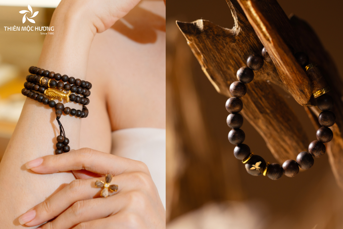 Nghệ thuật khảm vàng đã biến những thớ gỗ trầm hương thô thành những tác phẩm trang sức độc đáo và tinh xảo.