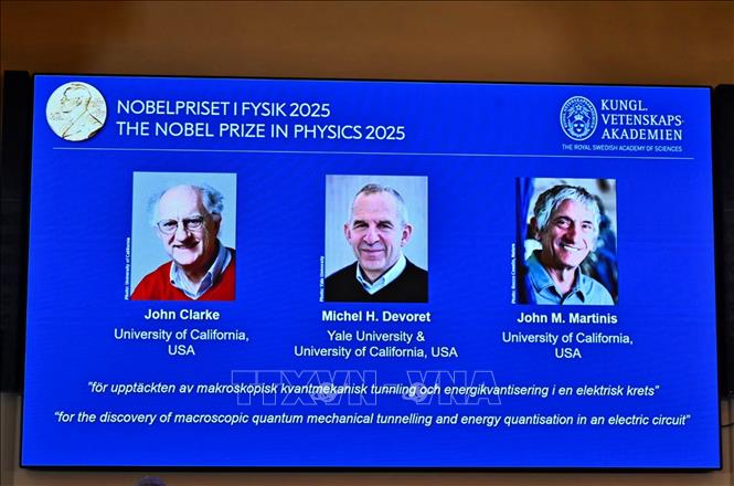 Chú thích ảnh Chân dung 3 nhà khoa học người Mỹ đoạt giải Nobel Vật lý 2025 (từ trái sang): John Clarke, Michel H. Devoret và John M. Martinis. Ảnh: Reuters/TTXVN