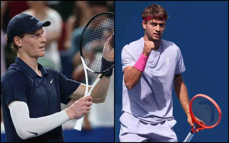 Sinner (bên trái) và Cobolli thi đấu quyết tâm