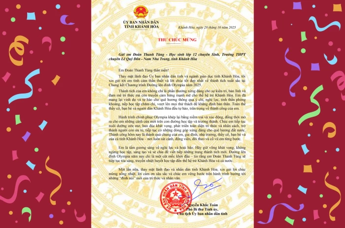 Chủ tịch UBND tỉnh Khánh Hòa gửi thư chúc mừng Á quân Đường lên đỉnh Olympia 2025 Đoàn Thanh Tùng