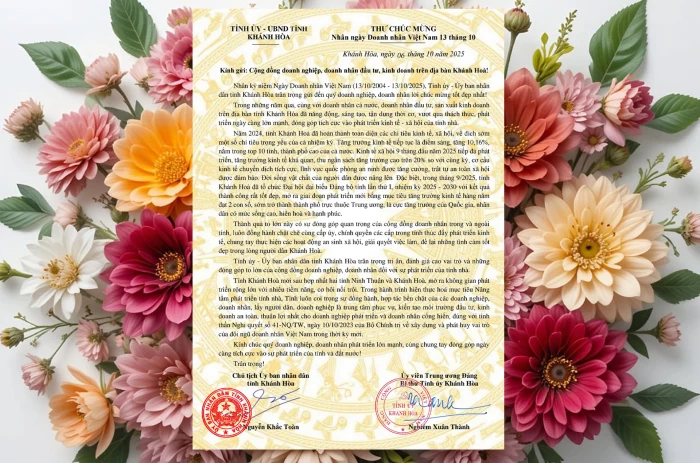 Thư chúc mừng Ngày Doanh nhân Việt Nam của lãnh đạo tỉnh Khánh Hòa