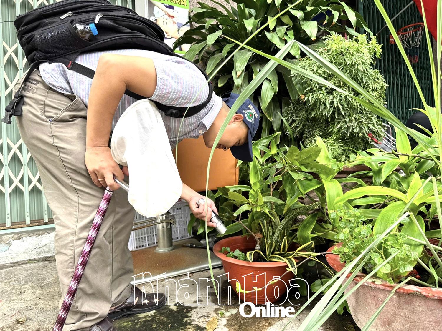 Cán bộ y tế kiểm tra các dụng cụ chứa nước tại một hộ dân ở phường Bắc Nha Trang.