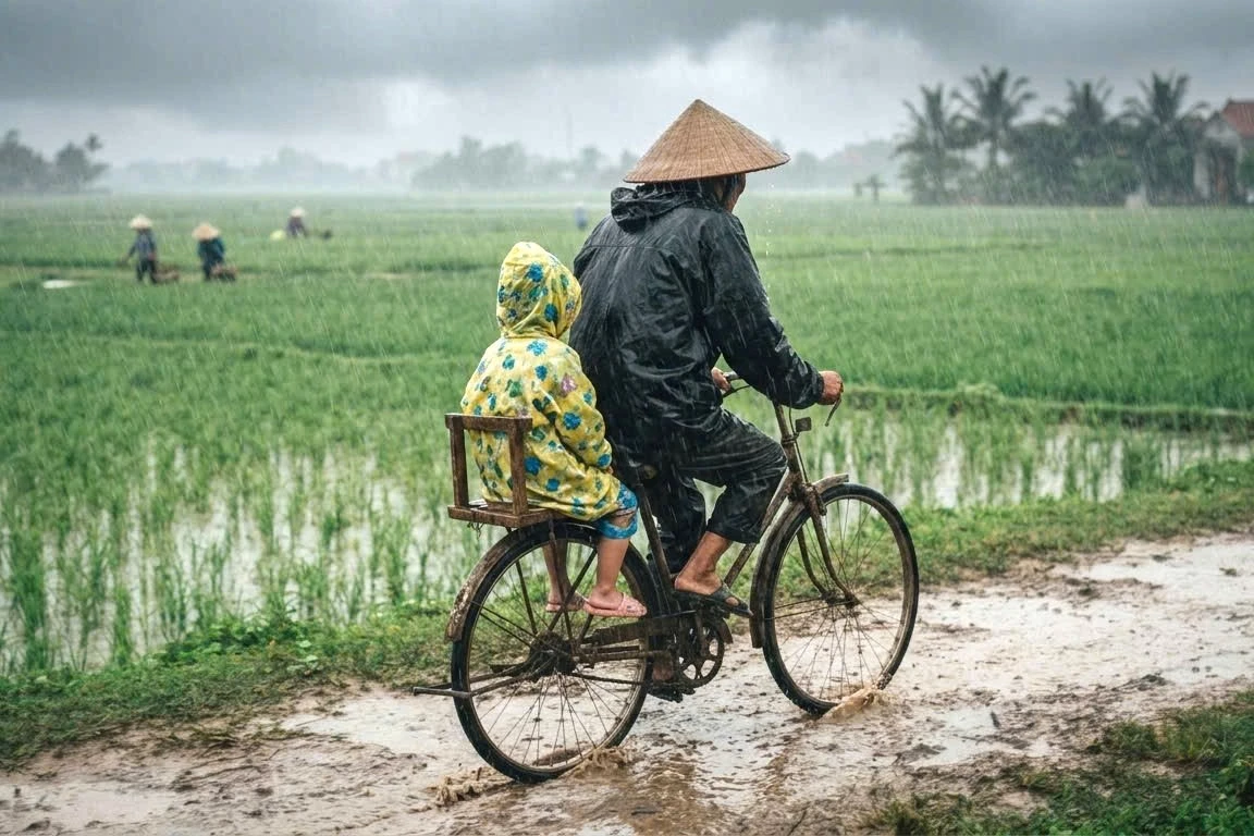 Hình ảnh người cha khoác áo mưa, chở con qua những ngày mưa gợi nhớ tình yêu thương và sự chở che của cha trong những năm tháng tuổi thơ. (Ảnh minh họa được tạo bằng AI)