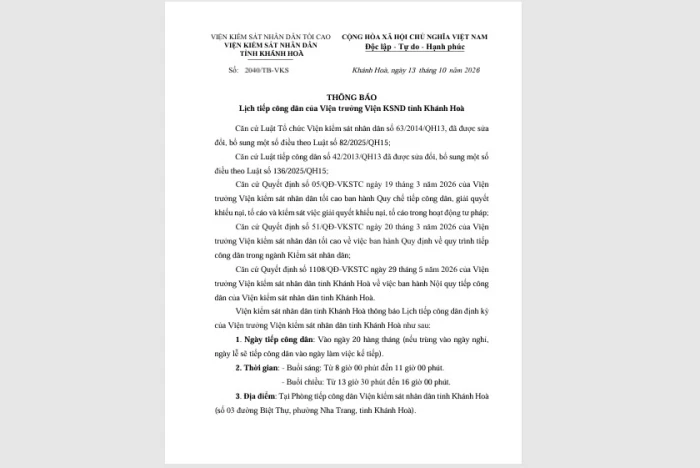 Lịch tiếp công dân định kỳ của Viện trưởng Viện Kiểm sát nhân dân tỉnh Khánh Hòa