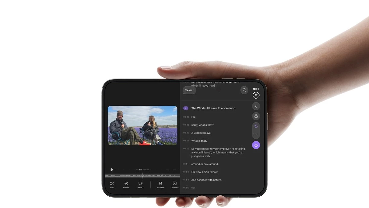 Chỉnh sửa video với bản chép lời trên màn hình ngang của iPhone Duo. Ảnh: Apple