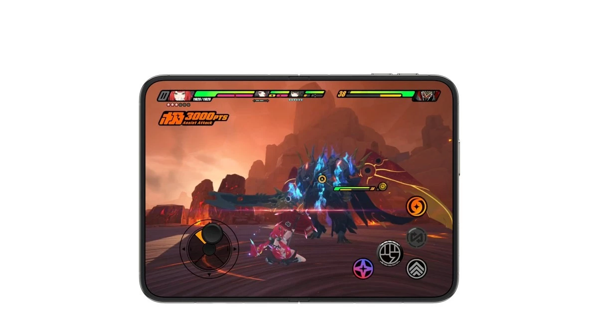 Chơi game ở chiều ngang trên màn hình trong của iPhone Duo. Ảnh: Apple