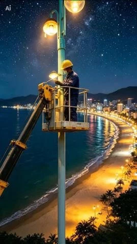 Người thợ vươn mình trên xe thang bên bờ biển Nha Trang lấp lánh ánh đèn để sửa chữa.