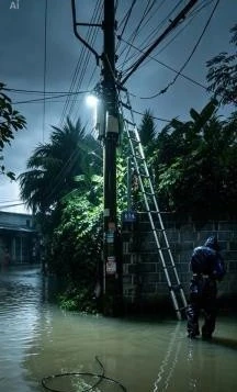 Bất chấp nước ngập sâu và hiểm nguy rình rập, người thợ điện đội mưa kiểm tra an toàn đường dây trong đêm bão.
