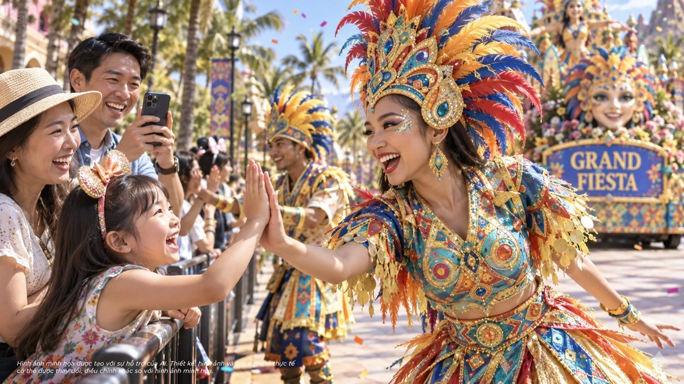 Du khách hòa mình vào không khí Carnival rực rỡ sắc màu tại phân khu Lễ hội Nam Mỹ.

