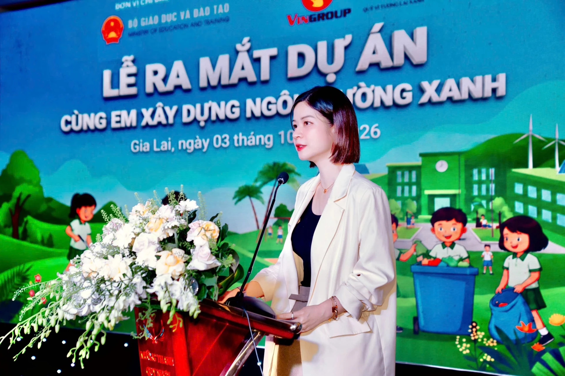 Tiến sĩ  Lê Thái Hà, Giám đốc Điều hành Quỹ Vì tương lai xanh – Tập đoàn Vingroup, cho biết mục tiêu của dự án đến năm 2028 là xây dựng được mô hình có thể đo lường, đánh giá và nhân rộng, đưa lối sống xanh trở thành một phần trong đời sống học đường. Ảnh: BTC.