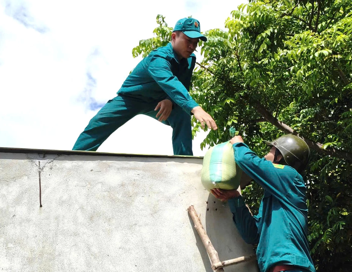 Các lực lượng luyện tập vận chuyển bao cát lên mái nhà phòng, chống thiên tai.