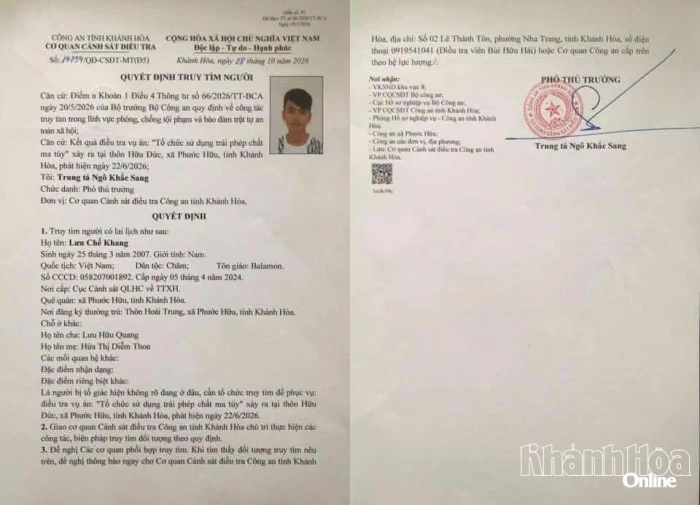Công an tỉnh Khánh Hòa truy tìm đối tượng liên quan vụ sử dụng trái phép chất ma túy