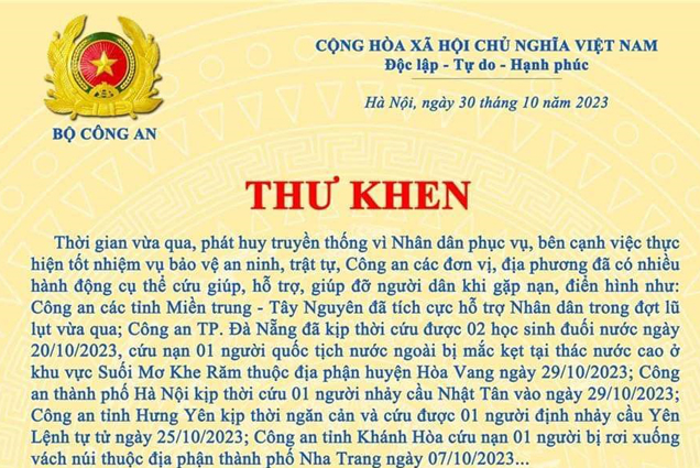 Bộ trưởng Bộ Công an gửi thư khen công an các đơn vị, địa phương về công tác cứu hộ, cứu nạn