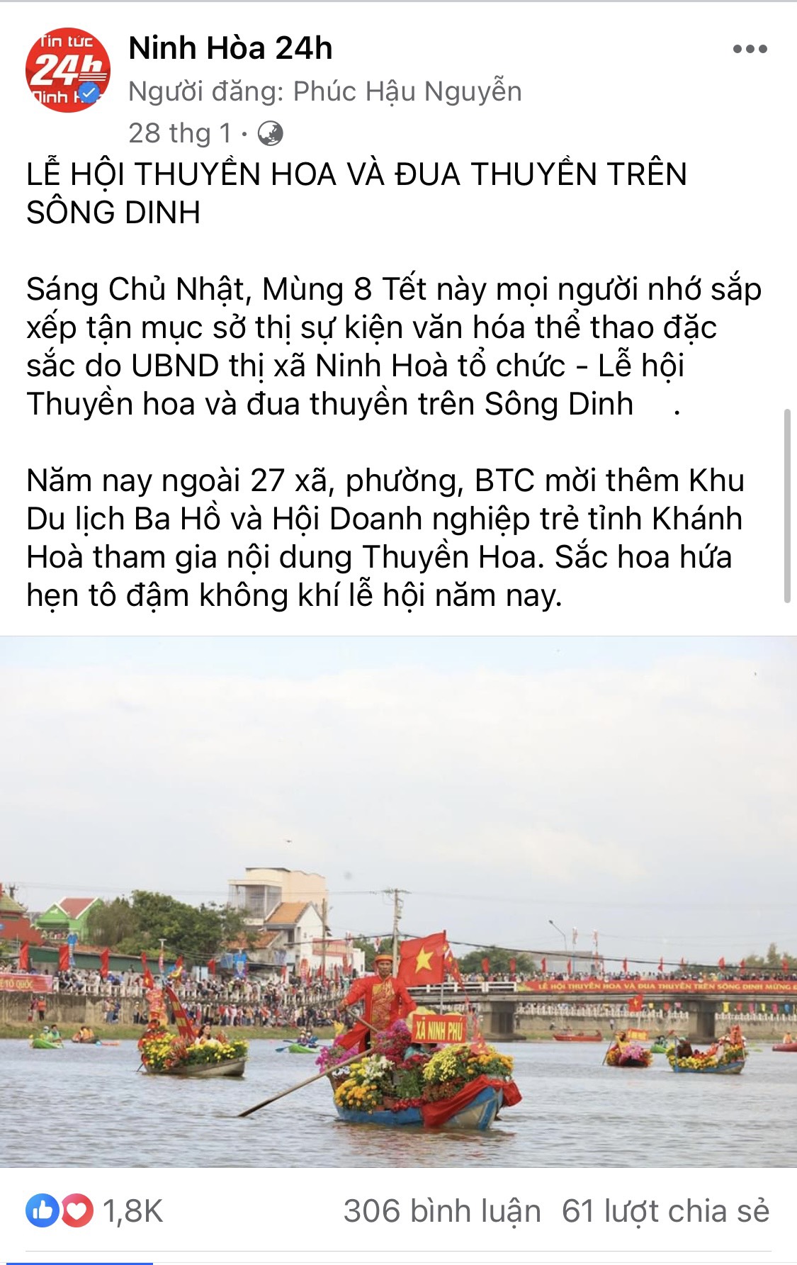 Bài đăng về Lễ hội đua thuyền trên sông Dinh của fanpage Ninh Hoà 24h vào dịp Tết Nguyên đán Quý Mão 2023 thu hút đông đảo người theo dõi.