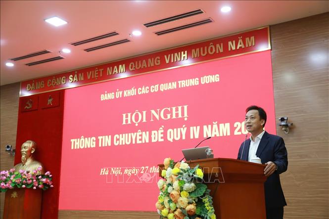 Phó Bí thư Thường trực Đảng ủy Khối các cơ quan Trung ương Lại Xuân Lâm phát biểu tại Hội nghị. Ảnh: TTXVN phát
