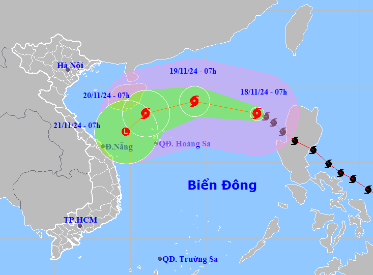 Vị trí và dự báo hướng di chuyển của bão số 9.