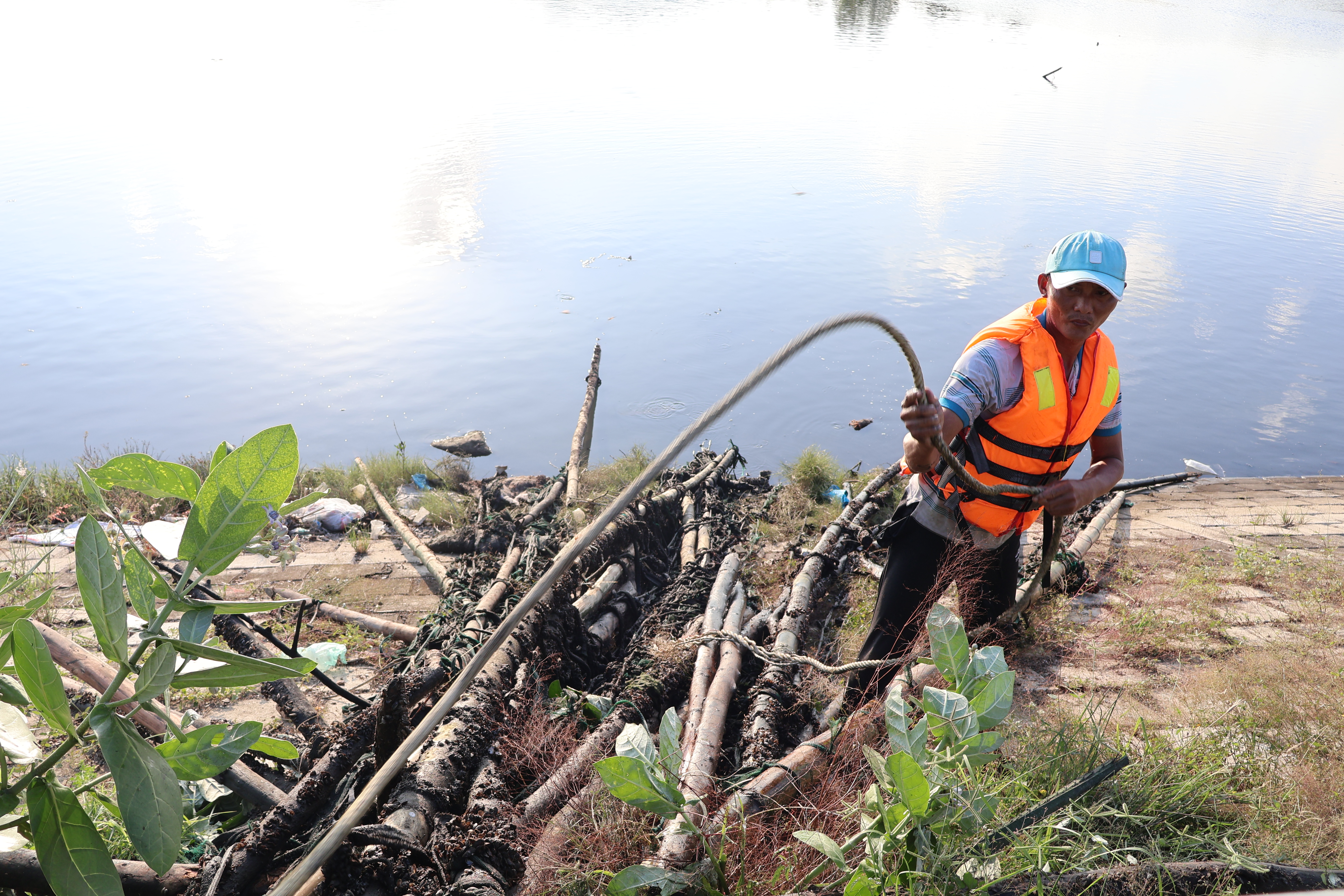 UBND xã Vĩnh Thái tổ chức tháo dỡ giàn gỗ, bẫy nhử vẹm trên sông Quán Trường