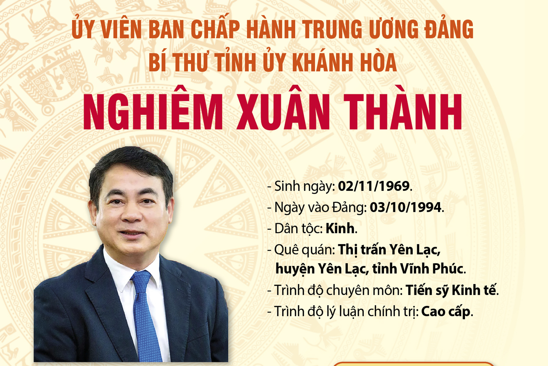 Tóm tắt quá trình công tác của tân Bí thư Tỉnh ủy Khánh Hòa Nghiêm Xuân Thành
