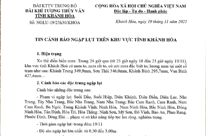 Tin cảnh báo ngập lụt trên khu vực tỉnh Khánh Hòa