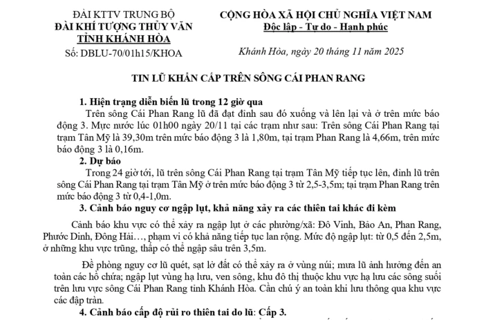 Tin lũ khẩn cấp trên sông Cái Phan Rang