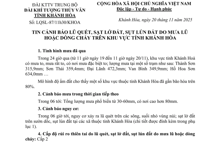 Tin cảnh báo lũ quét, sạt lở đất, sụt lún đất hoặc dòng chảy trên khu vực tỉnh Khánh Hòa (tin lúc 11h30 ngày 20-11)
