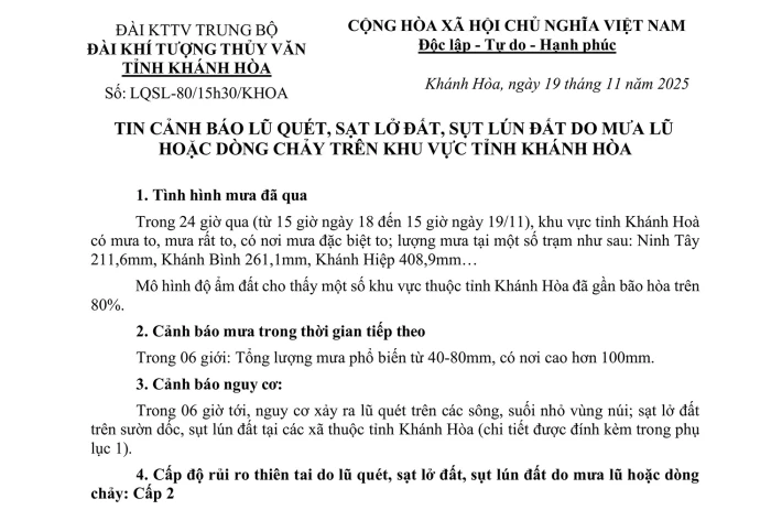 Tin cảnh báo lũ quét, sạt lở đất, sụt lún đất do mưa lũ hoặc dòng chảy trên khu vực tỉnh Khánh Hòa