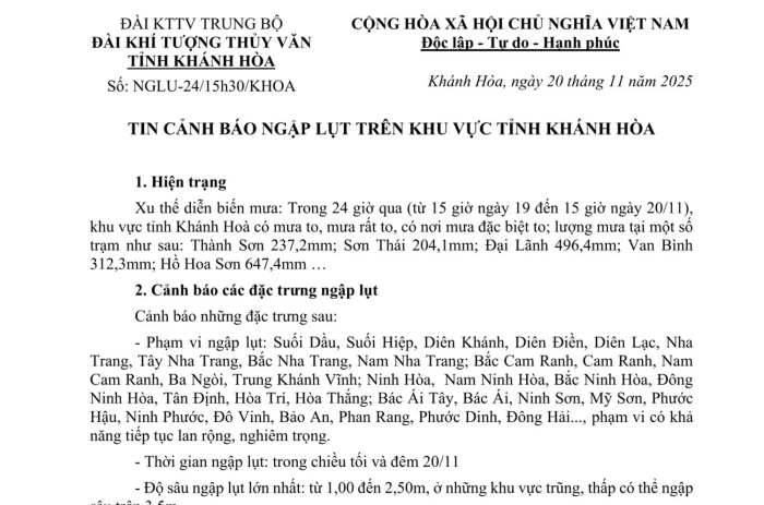 Tin cảnh báo ngập lụt trên khu vực tỉnh Khánh Hòa (tin phát lúc 15h30 ngày 20-11)