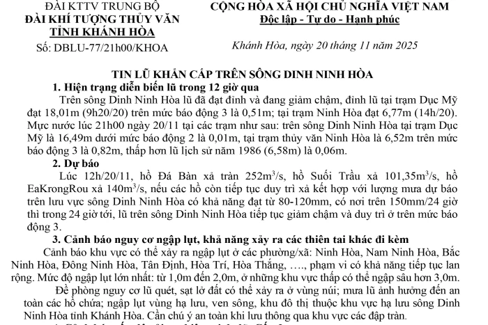 Tin lũ khẩn cấp trên sông Dinh Ninh Hòa (tin phát lúc 21h ngày 20-11)