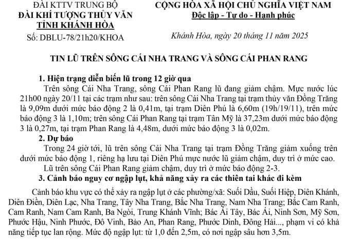 Tin lũ trên sông Cái Nha Trang và sông Cái Phan Rang (tin phát lúc 21h20 ngày 20-11)